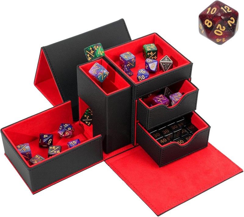 Stepane Dice Tray & Dice Tower Storage Box, 3 in 1 Dice Holder Case (Dice Rolling Tray, Dice Rolling Tower, Dice Storage Drawers), Leather Magnetic Closure DND Accessories Gifts for RPG MTG, Black/Red - Image 1